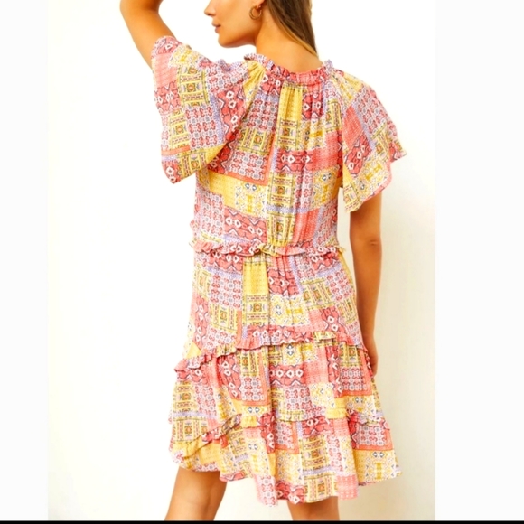 Anthropologie Robin Tiered red yellow floral mini sundress short sleeves Large - Picture 5 of 16